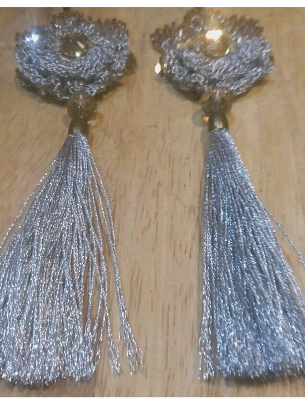 Lux Bohemian Dangle Earrings Rhinestones Sequins Silver Thread & Beads Statement
